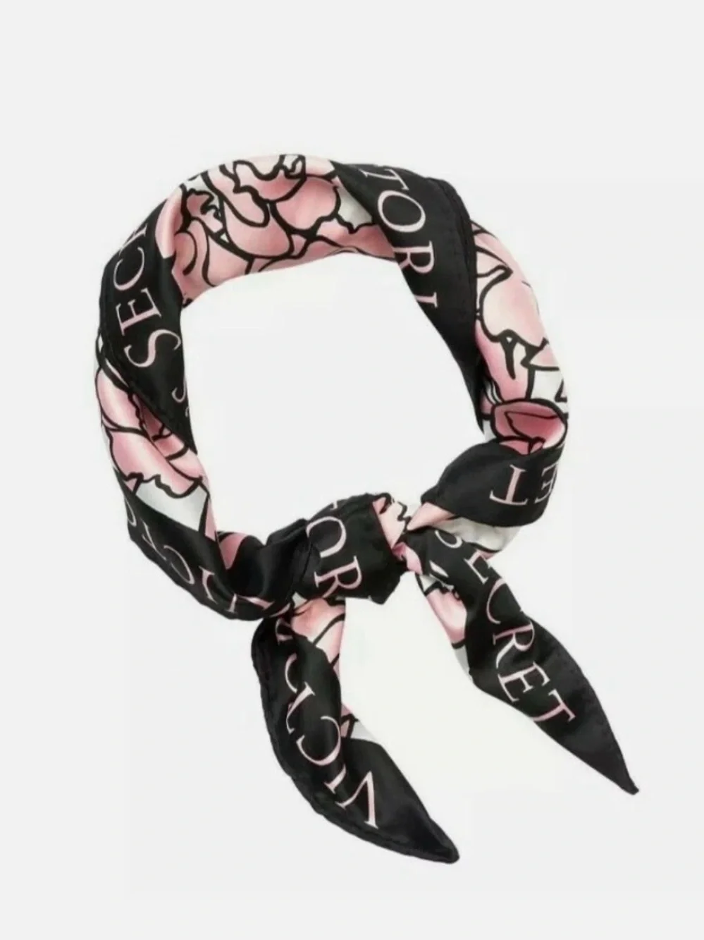 Victoria's Secret Satin Square Scarf Floral Logo Pink Black White 25inches nwt.